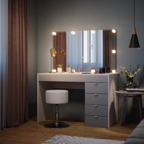 Vicco Schminktisch Elise, Weiß/Grau, 115 cm mit LED Beleuchtung und Hocker