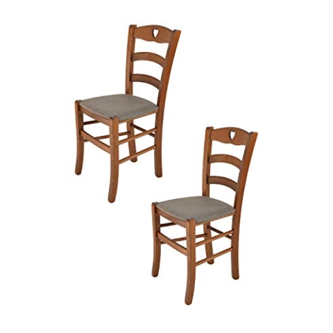 t m c s Tommychairs - 2er Set Stühle Cuore für Küche und Esszimmer, Struktur aus lackiertem Buchenholz im Farbton Helles Nussbraun und gepolsterte Sitzfläche mit Stoff in der Farbe Rehbraun bezogen