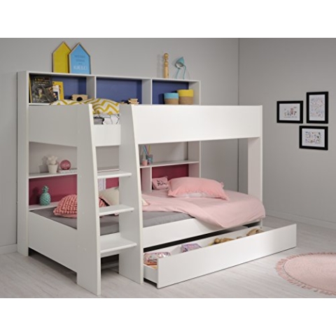 Etagenbett Leo 90x200cm mit Bettkasten - weiß/blau/rosa