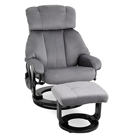 HOMCOM Relaxsessel mit Hocker, Drehbarer Fernsehsessel mit Schwingmassage, Liegefunktion, Massagesessel mit Seitentasche, Liegesessel mit Samtoptik für Wohnzimmer Grau