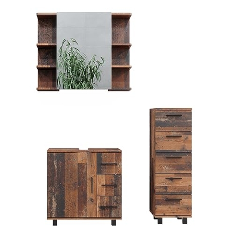Vicco Badmöbel-Set Ilias, Badezimmerschrank-Set, Eiche rustikal, 3 Teile, mit Midischrank