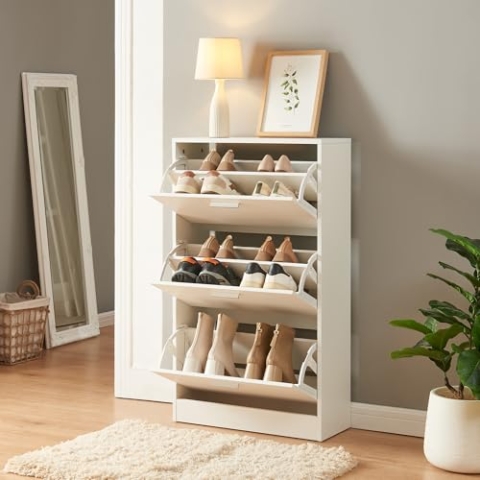 [en.casa] Schuhschrank Sykkylven Schuhkipper mit 3 Klappen Schuhkommode für 12 Paar Schuhe 103 x 60 x 24 cm Weiß