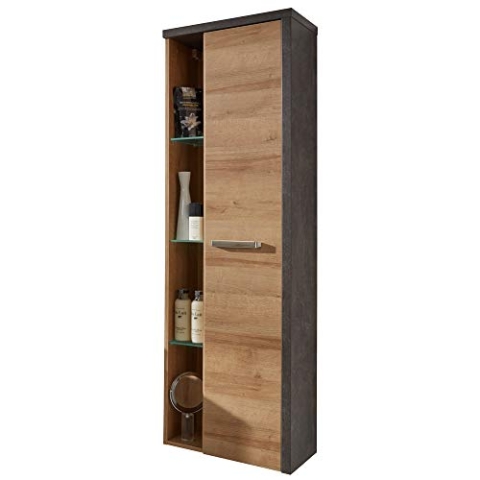 trendteam smart living - Hochschrank Schrank - Badezimmer - Bay - Aufbaumaß (BxHxT) 48 x 160 x 31 cm - Farbe Beton dunkel mit Eiche Riviera Honig - 169360128
