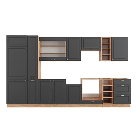 Vicco Küchenzeile Fame-Line, Anthrazit Landhaus/Goldkraft Eiche, 355 cm ohne Arbeitsplatte