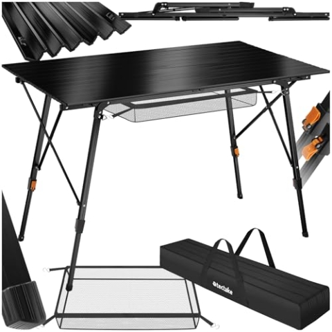 tectake® Campingtisch, Klapptisch aus Aluminium, aufrollbare XXL Tischplatte, Campingtisch faltbar, Reisetisch, Gartentisch, wetterfest, höhenverstellbare Beine, Tragetasche, 120 x 70,5cm - schwarz
