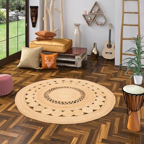 Runder Jute Teppich Salsa Trend - Handgefertigt aus strapazierfähiger Naturfaser - Schlichtes Design mit geflochtenem Muster - Verschiedene Größen verfügbar