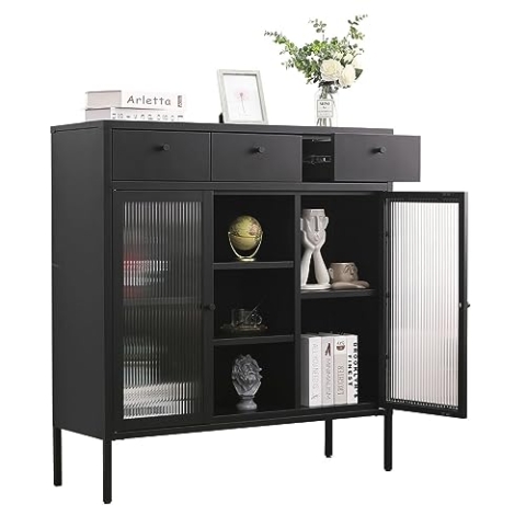 Mein-Regal Highboard Paris mit 3 Schubladen Beistellschrank Wohnzimmer Metall Schrank Ablage 2 Glastüren, Kommode für Bücher und Deko LxBxH ca. 105x35x110 cm