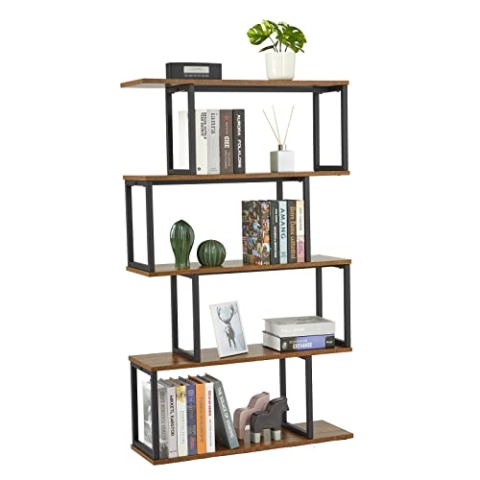 Mondeer Bücherregal, Standregal mit 4 Ebenen, Aufbewahrungsregal Holz S-Form, Industrie Design, 76 x 24 x 127.5 cm, Dekoregal für Pflanzen & Bücher, Wohnzimmer, Schlafzimmer, Büro, Braun