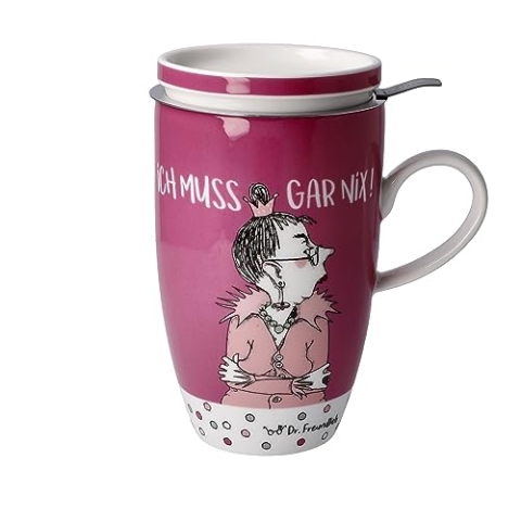 Goebel Teetasse mit Deckel und Sieb Barbara Freundlieb Ich muss gar nix aus Fine Bone China, Maße: 11,5cm x 8cm x 14cm, 27-001-25-1