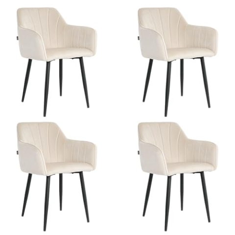Mevsim Store Esszimmerstühle 4er Set Samt Creme – Polsterstühle mit Armlehne & Metallbeinen – Modern & Bequem für Wohnzimmer & Küche