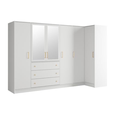 Vente-unique-Eckkleiderschrank mit 6 Türen & 3 Schubladen - Mit Spiegel - 311 cm - Weiß - Lizandro