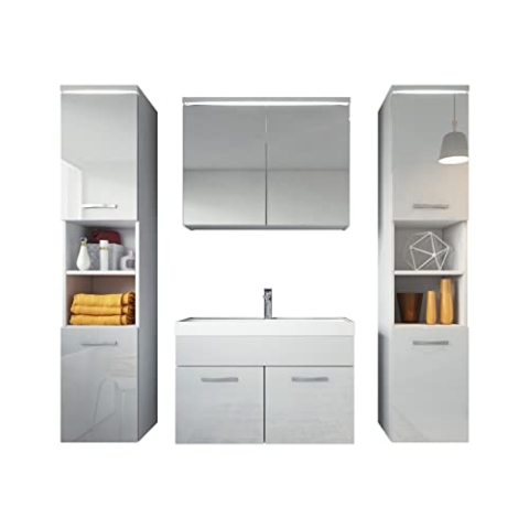 Badezimmer Badmöbel Set Paso XL LED 80cm Waschbecken Hochglanz Weiß Fronten - Unterschrank 2X Hochschrank Waschbecken Möbel
