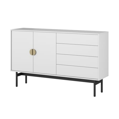 Selsey Kommode Aufbewahrungsschrank 2 Türen 4 Schubladen Schrank Schubladenschrank Push to Open 154 cm Stoon Weiß