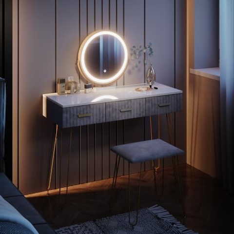 Vicco Schminktisch Layla, Grau/Weiß, 100 cm mit LED Beleuchtung und Hocker