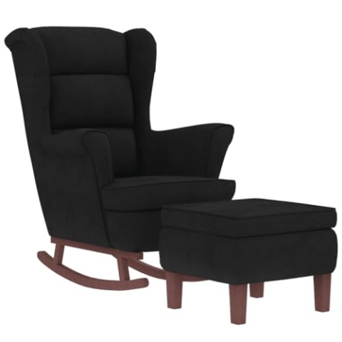 vidaXL Schaukelsessel und Hocker mit Holzbeinen Schwarz Samt, Sessel mit Hocker, Relaxsessel, Relaxstuhl, Schaukelsessel, Relaxsessel mit Hocker