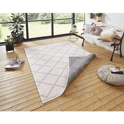 NORTHRUGS In- und Outdoor Teppich Corsica 80x150cm - Wendeteppich Wetterfest Modern Geometrisches Muster Läufer für Balkon Terrasse Garten Wintergarten Wohnzimmerteppich Wasserfest in Grau Creme