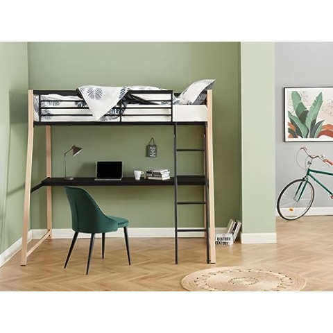 Vente-unique-Hochbett mit Schreibtisch - 90 x 190 cm - Schwarz & Eichefarben - MALICIA