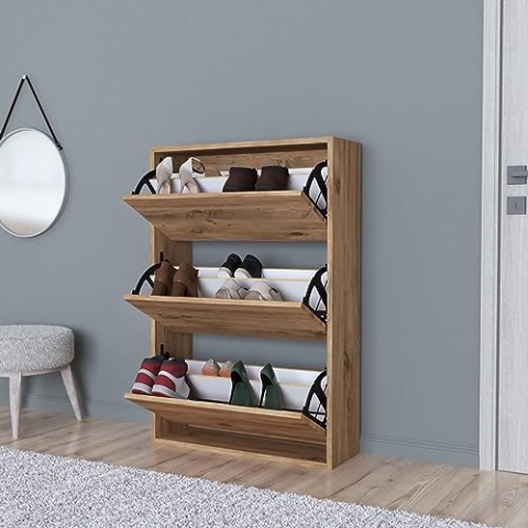 [en.casa] Schuhschrank Aurskog Schuhkipper für 18 Paare Schuhkommode mit 3 Kipptüren für Eingang, Flur 110 x 73,5 x 24 cm Eiche