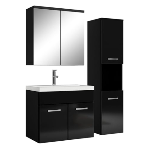 Badplaats B.V. Badezimmer Badmöbel Set Montreal mit Spiegelschrank 60cm Waschbecken Hochglanz Schwarz - Unterschrank Hochschrank Waschtisch Möbel