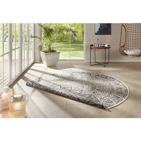 freundin Home Collection Lilja Flachgewebe In- und Outdoor Wendeteppich Wetterfest Modernes Mandala Design Teppich für Balkon Terrasse Garten Wintergarten Wohnzimmerteppich Wasserfest, Ø 100 cm