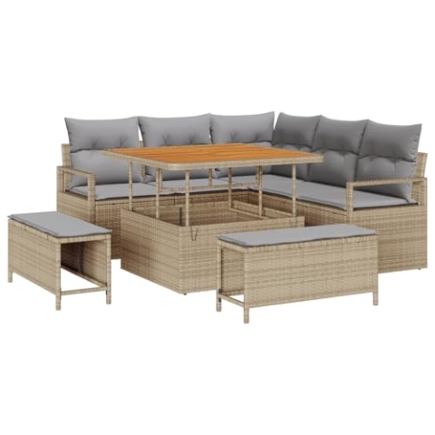 vidaXL 8-teiliges Garten Sofa Set mit Kissen Beiges Poly Rattan Akazie, 2-Sitzer Garten Sofa mit Kissen Beiges Poly Rattan