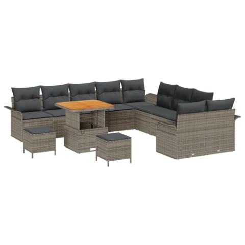vidaXL 13-teiliges Garten Sofa Set mit Kissen Grau Poly Rattan Akazie, 2-Sitzer Garten Sofa mit Stauraum & Kissen Grau Poly Rattan