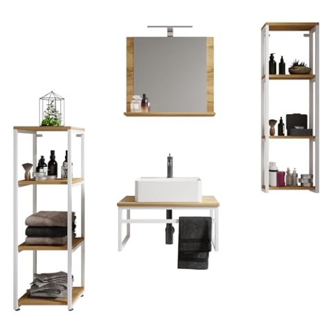 VCM 5-TLG. Waschplatz Waschtisch Badmöbel Set Waschbecken Holz Metall Industrial Style Bitila 60 V2 Weiß/Honig-Eiche
