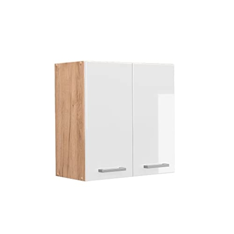 Vicco Hängeschrank R-Line, hängender Küchenschrank, Weiß Hochglanz/Goldkraft Eiche, 60 cm