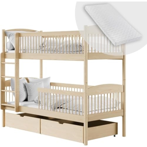 Kids Collective Hochbett Kinder, Etagenbett, Kinderbett | Inkl. 2 Matratzen, 2 Schubladen, sicher & funktional | Größen: 80x180, 90x190, 90x200 cm | 90x190 cm von von 4. bis 18. Lebensjahr | Natur