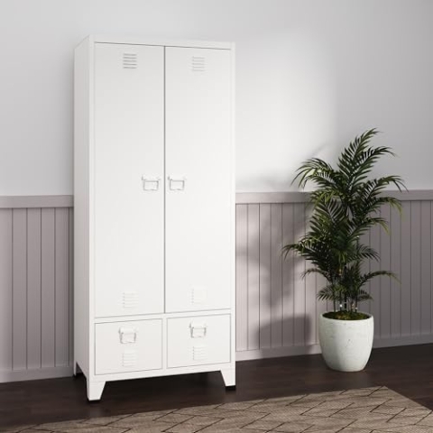 [en.casa] Kleiderschrank Hankasalmi mit 2 Schubladen 2 türig mit Kleiderstange Schlafzimmerschrank Metall Weiß Garderobenschrank mit 2 Ablagen 180 x 90 x 40 cm