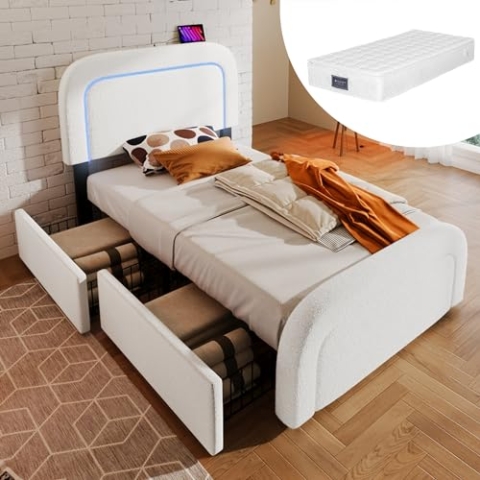 okwish Polsterbett Einzelbett 90 x 200 cm mit USB-Ladeanschluss und LED-Beleuchtung, Funktionelles Stauraumbett mit 4 Schubladen und Höhenverstellbarem Kopfteil(Mit Matratze)- Weiß