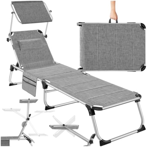 tectake® Sonnenliege mit Dach, Liege klappbar mit Kopfkissen + Seitentasche, zusammenklappbar, leicht tragbar, Strandliege, Liegestuhl klappbar für Garten, Sonnenliege Camping - grau-meliert