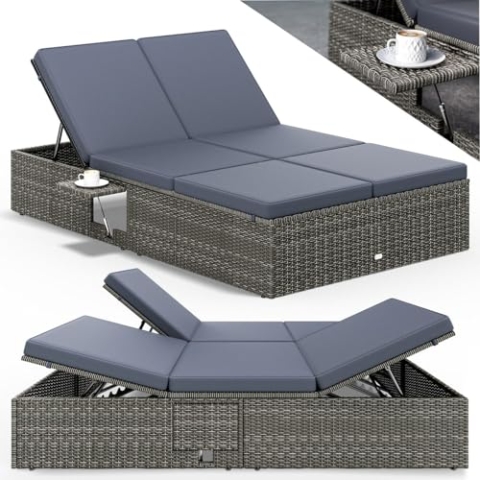 Casaria® Sonnenliege 2 Personen mit Klapptisch 7cm Auflagen Wetterfest Gartenliege 400kg Belastbar Gartenmöbel Liegestuhl Verstellbar Grau Anthrazit 200x115cm