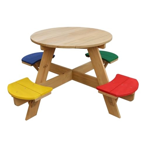 AXI UFO Picknicktisch Rund für Kinder aus Holz | Runder Kindertisch für den Garten in Regenbogen Farben mit 4 Sitzen