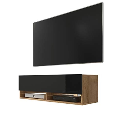 Selsey Wander - TV-Board/Fernsehschrank für Wohnzimmer hängend/stehend, optional mit LED, 100 cm (Holzoptik Wotan Eiche/Schwarz Hochglanz, ohne LED)
