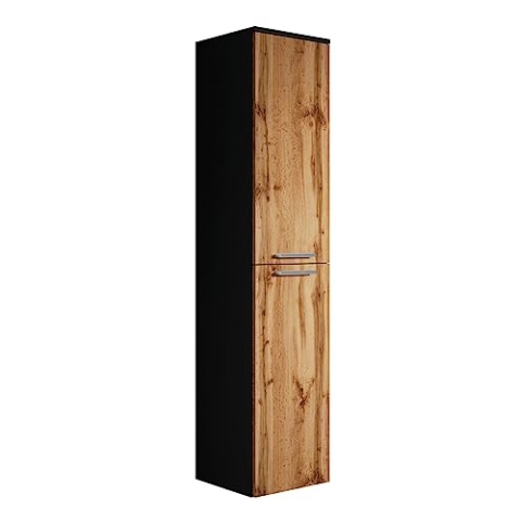 Badezimmer Badschrank Saturnus 160cm Mat Schwarz mit Eiche - Regal Schrank Hochschrank Schrank Möbel
