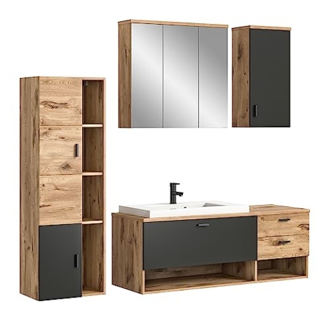 xonox.home Badezimmer Grado 4tlg. Kombination Badmöbel Set Komplettprogramm Bademöbel-Set Badezimmerkombination Set hängend in Front Nox Oak Nb. Tiefzieh Korpus Nox Oak Nb. Absetzung grau Nb.