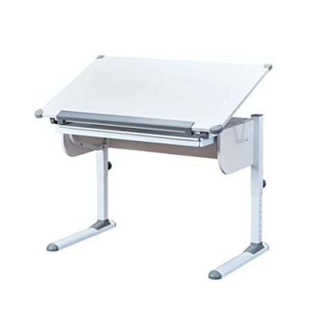 Höhenverstellbarer Schreibtisch mit kippbarer Ablage, in Weißmetall, 110x68x55-78 cm