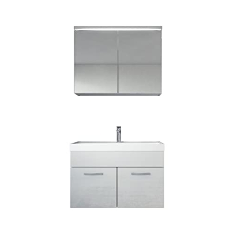 Badezimmer Badmöbel Set Paso 02 80cm Waschbecken Weiß Hochglanz - Unterschrank Schrank Waschbecken Spiegelschrank Schrank