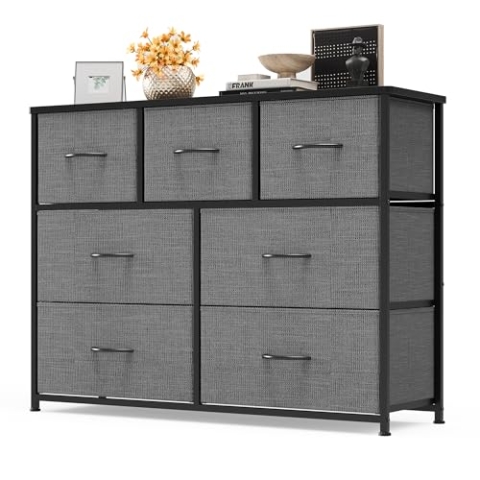Xbro Kommode mit Schubladen, 7 Schubladen aus Stoff mit Griffen, Komodenschrank Schlafzimmer mit Holzplatte, Kommode Schlafzimmer Flur für Küche Büro Flur Schlafzimmer (Dunkelgrau)