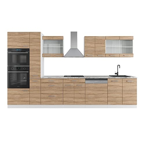 Vicco Küchenzeile R-Line, Sonoma/Weiß, 350 cm mit Hochschrank, ohne Arbeitsplatte