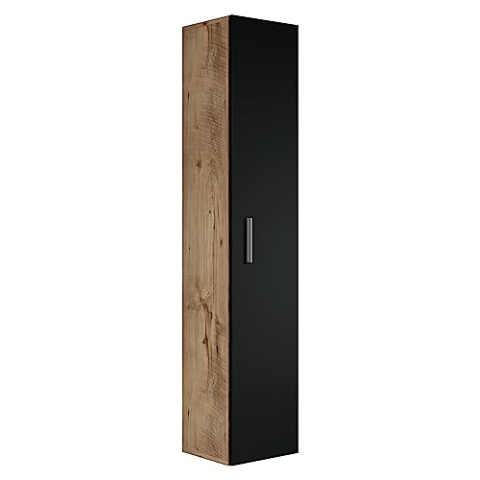 Badezimmer Badschrank Pluto 150cm Eiche Kastanie mit mat Schwarz - Regal Schrank Hochschrank Schrank Möbel