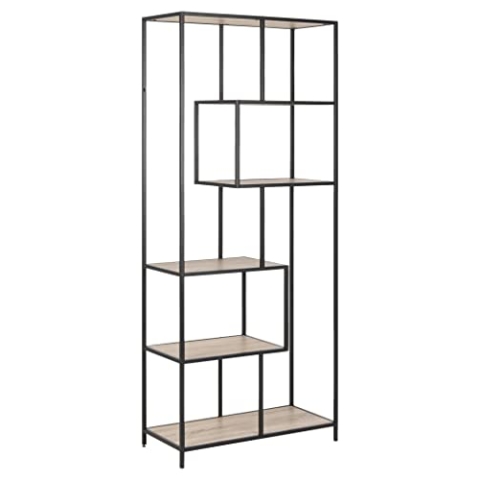 AC Design Furniture Jörn Asymmetrisches Bücherregal mit 5 Ablagen, H: 185 x B: 77 x T: 35 cm, Sonoma Eiche Optik/Schwarz, Holz/Metall, 1 Stk.