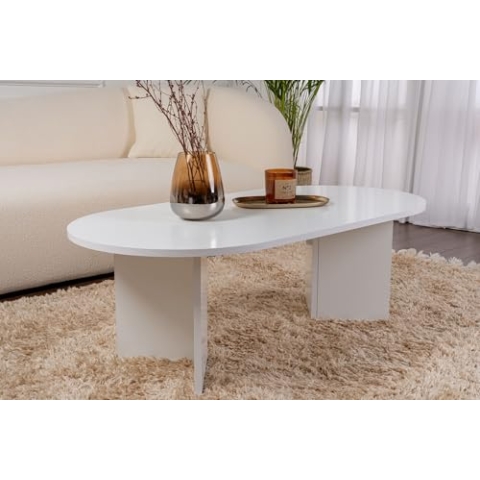 Hanah Home Stylish White Coffee Table, 119 x 60 x 39.8 cm | 100% Melamine Coated Particle Board, 18 mm Thick | Modern Design for Living Room & Lounge