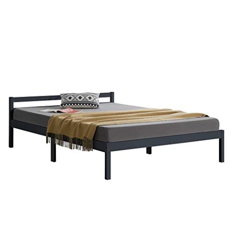 [en.casa] Holzbett Nakkila Bettgestell 140x200 cm Doppelbett mit Kopfteil Jugendbett Gästebett Kiefernholz Dunkelgrau