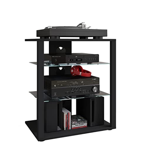 VCM HiFi Holz Möbel | Rack Schrank Phono Regal | 2 Glasböden | Maße: H. 70 x B. 60 x T. 41 cm | Phono Mediaregal - Folas Schwarz