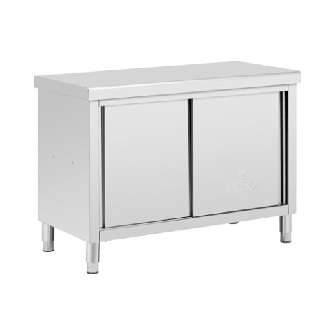 Royal Catering Edelstahl-Arbeitsschrank mit Durchreiche 120 x 60 cm 1 Einlegeboden 500 kg max. Tragkraft verstärkte Oberfläche höhenverstellbare Füße Durchreicheschrank Edelstahlschrank Gastro