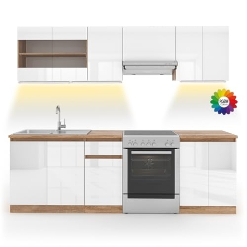 Vicco Küchenzeile Raul, Küchenblock, Weiß, 240 cm, AP Sonoma mit LED-Leisten