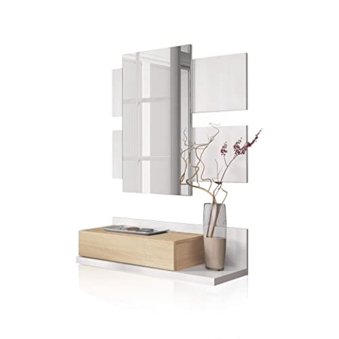 Habitdesign Flur mit Schublade und Spiegel, Eingangsmöbel, Modell Tekkan, Ausführung in Artik White und kanadischer Eiche, Maße: 75 cm (Breite) x 116 cm (Höhe) x 29 cm (Tiefe)