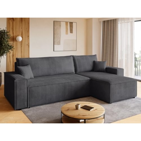 BROMARKT Sofa mit Schlaffunktion Couch L Cordstoff Sofa Bettkasten Schlafsofa für Wohnzimmer Ecksofa freistehend Adi Relaxsofa 3 sitzer 244x143x85 cm Grau